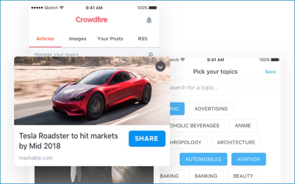 Screenshot of Crowdfire app interface used for social media management and marketing automation, reviewed on marketertools.ai