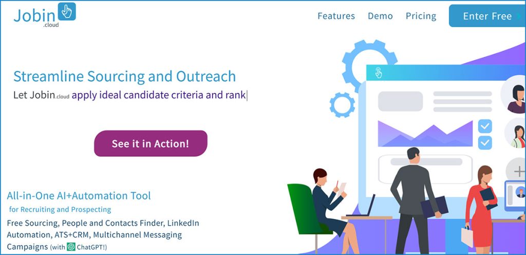 Jobin.cloud AI-powered recruiting and prospecting tool showcasing streamlined candidate sourcing and LinkedIn automation with multichannel messaging